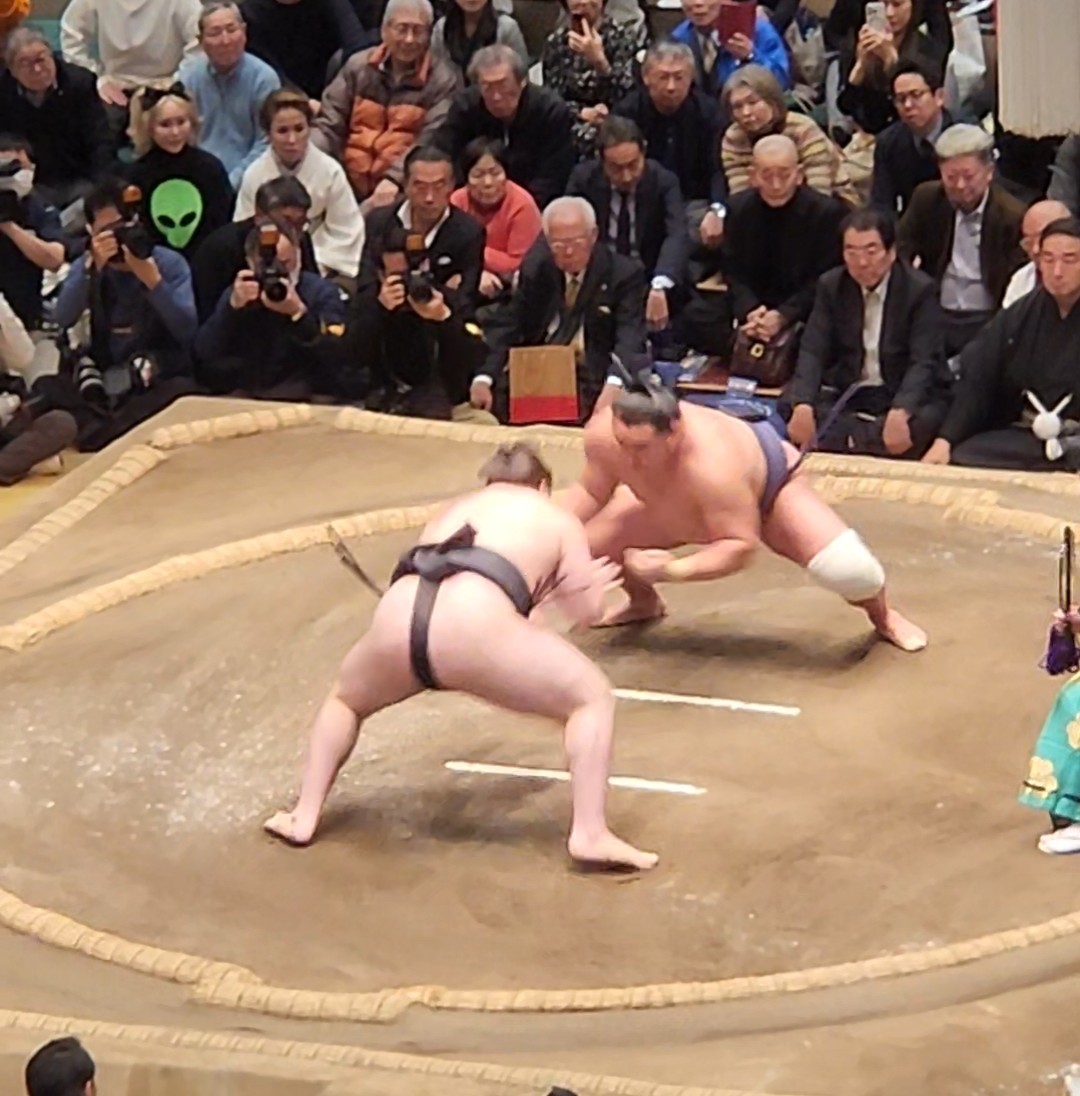 Sumo wrestlers competing in the ring