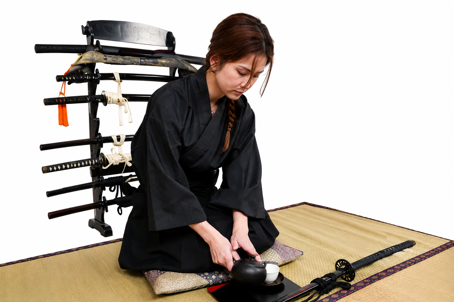 Practicing traditional Samurai tea etiquette as part of the Bushido experience