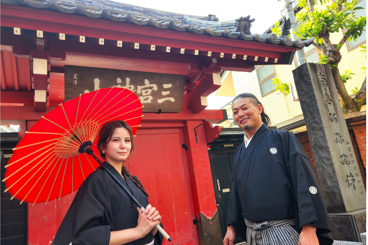 Visiting a historic temple during the Samurai Street Walk in Kitasenju