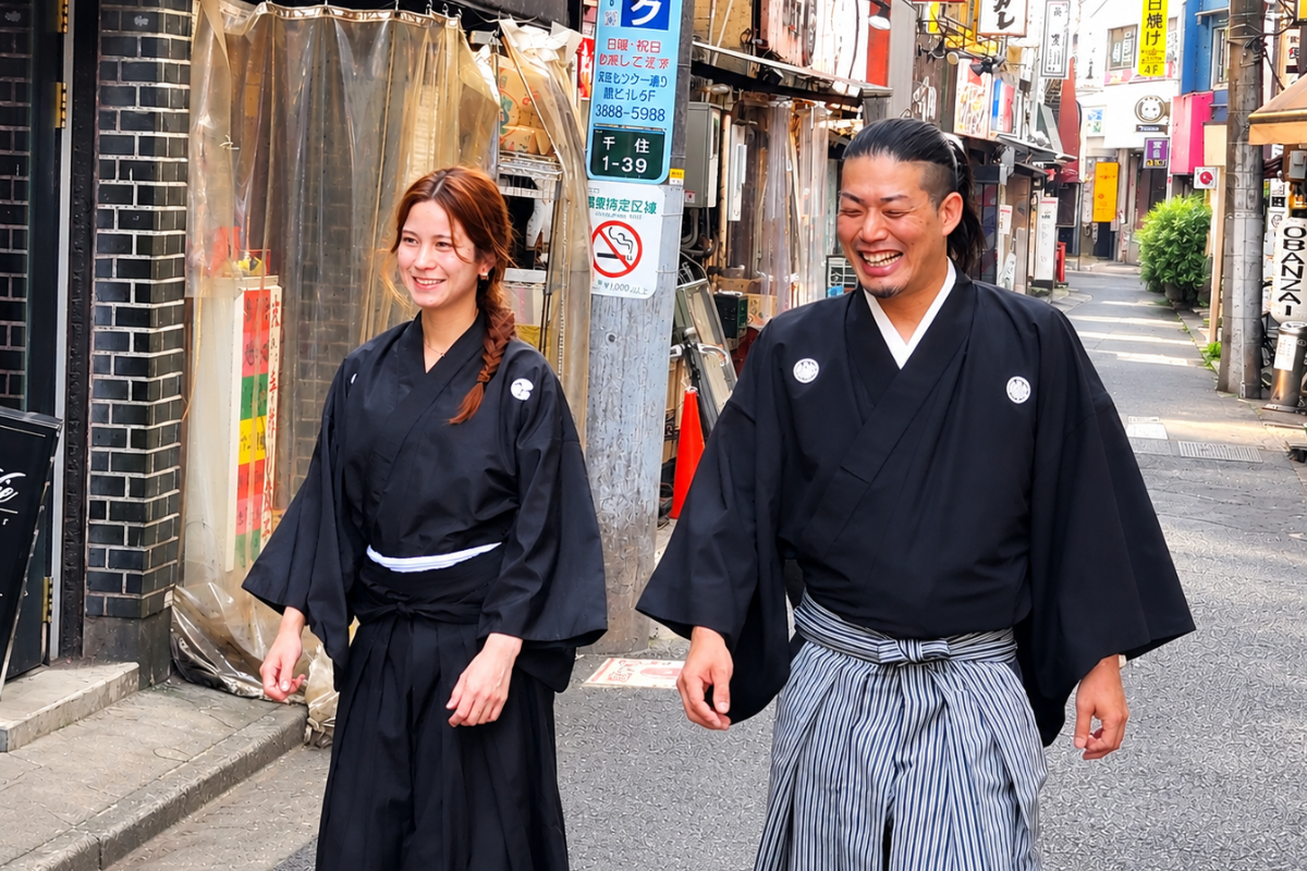 Participants enjoying a Samurai Street Walk and Bushido experience in Tokyo